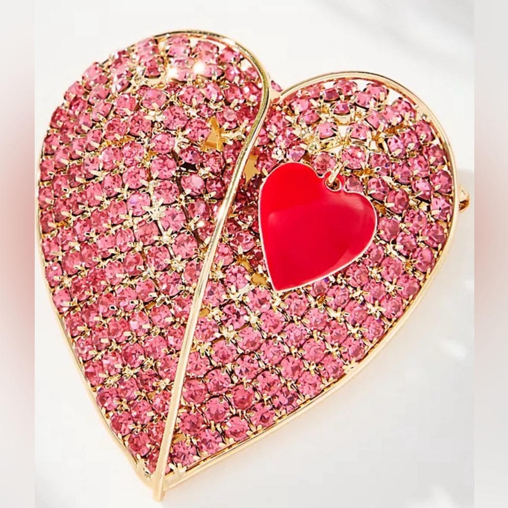 Anthropologie Crystal Heart Brooch Pink Rhinestone Red Heart Statement Piece New